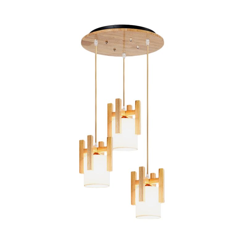 3 Lights Dinette Multi Light Pendant Modern Beige Ceiling Lamp with Column Fabric Shade and Wood Fence Top