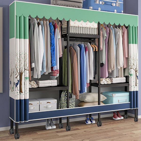 Black Steel Frame Wardrobe Modern Style Wardrobe Armoire with Caster Wheels