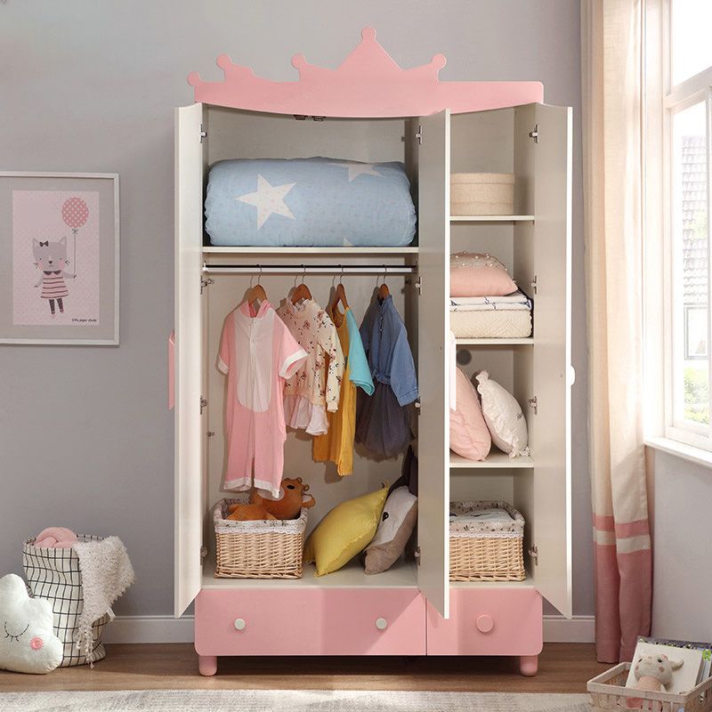 Modern Pink Wooden Kid's Wardrobe 2-Door High Gloss Kids Closet