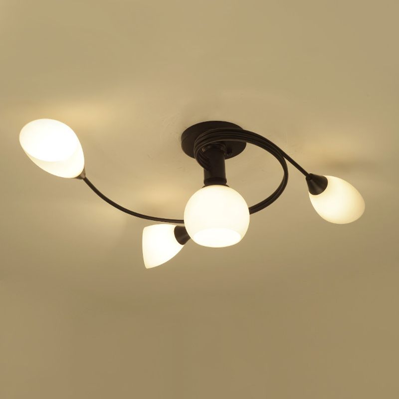 Black Radial Semi Flush Mount in Traditional Retro Style Wrought Iron Ceiling Light with Glass Shade