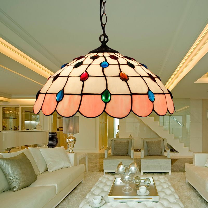 Single Head Dome Hanging Pendant Tiffany Pink/Light Blue/Green Hand Rolled Art Glass Ceiling Light for Bedroom