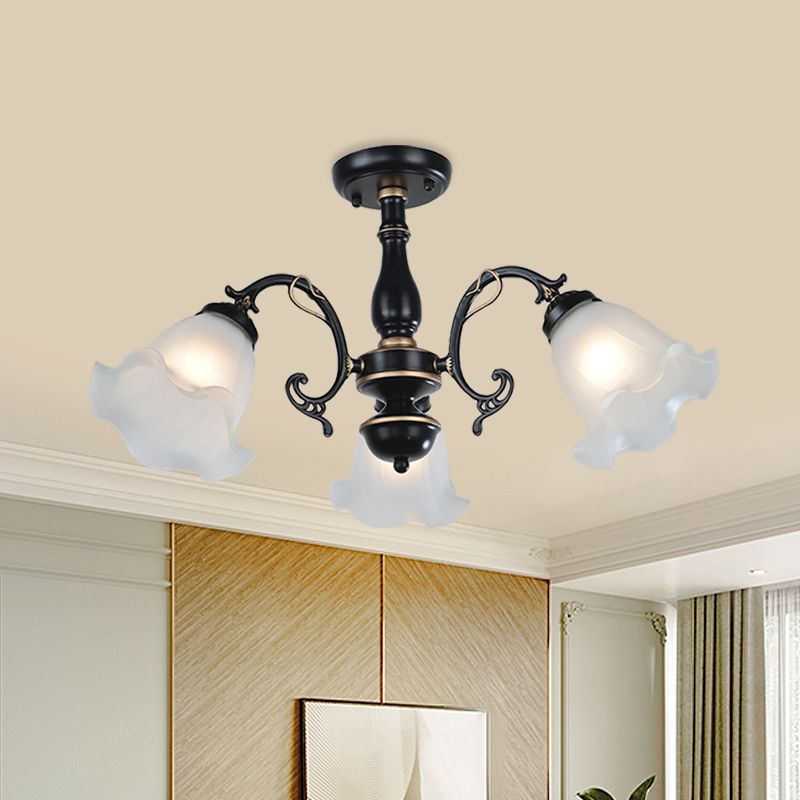 3/5-Light Flower Semi-Flush Ceiling Light Countryside White/Black Finish Cream Glass Flush Mounted Lamp