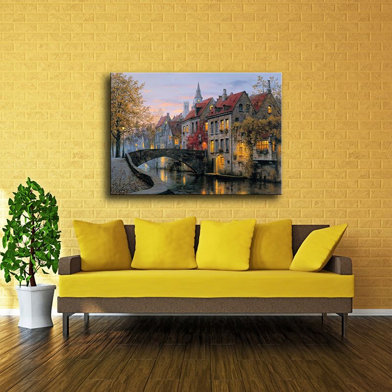 Red Autumn Scenery Painting Bridge to Houses Modern Textured Canvas Wall Art for Home