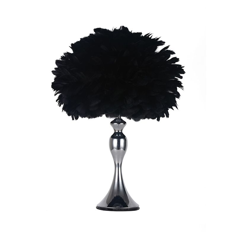 Dome/Tapered Shade Table Light Modern Feather Single Black/Pink/Cream Night Stand Lamp with Teardrop/Curved Rod/Tripod Base