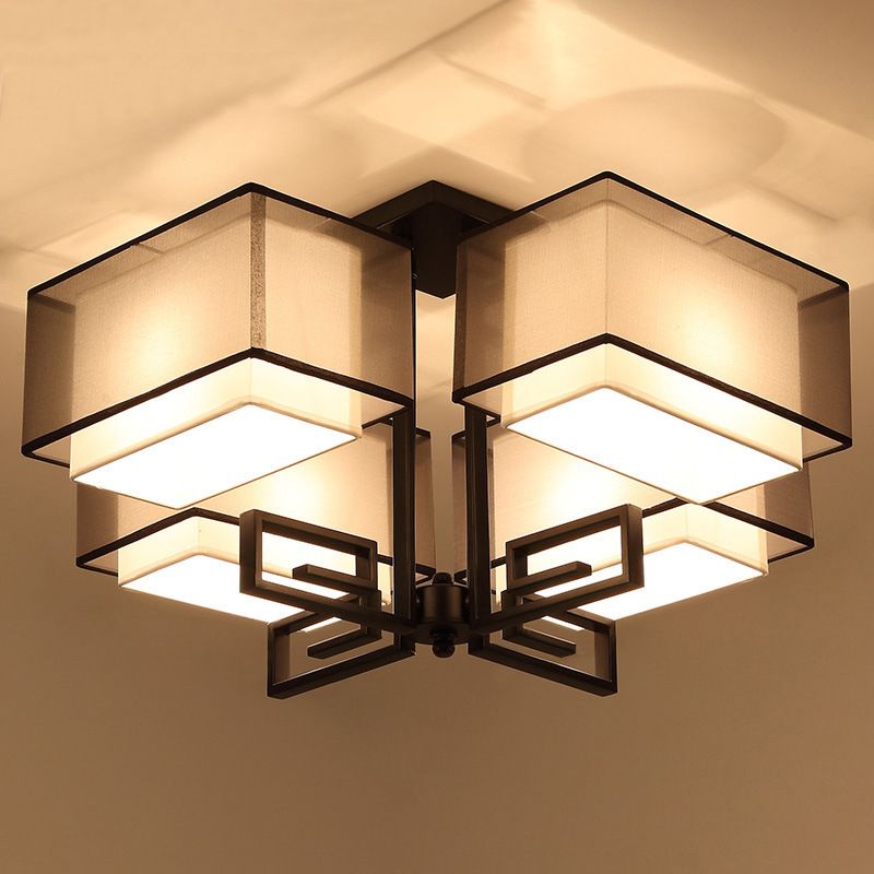 4-Light Square Semi Flush Mount in Traditional Simplicity Fabrics Ceiling Light for Living Room