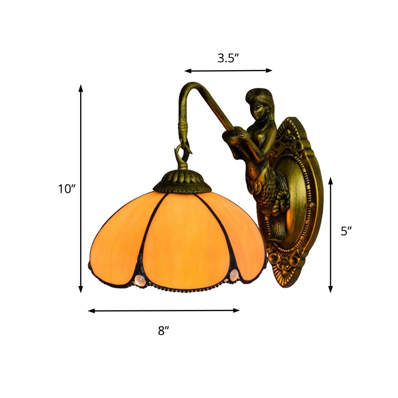 Antique Brass Petal Wall Light Fixture Tiffany 1 Head Yellow Glass Sconce Light with Mermaid Decoration