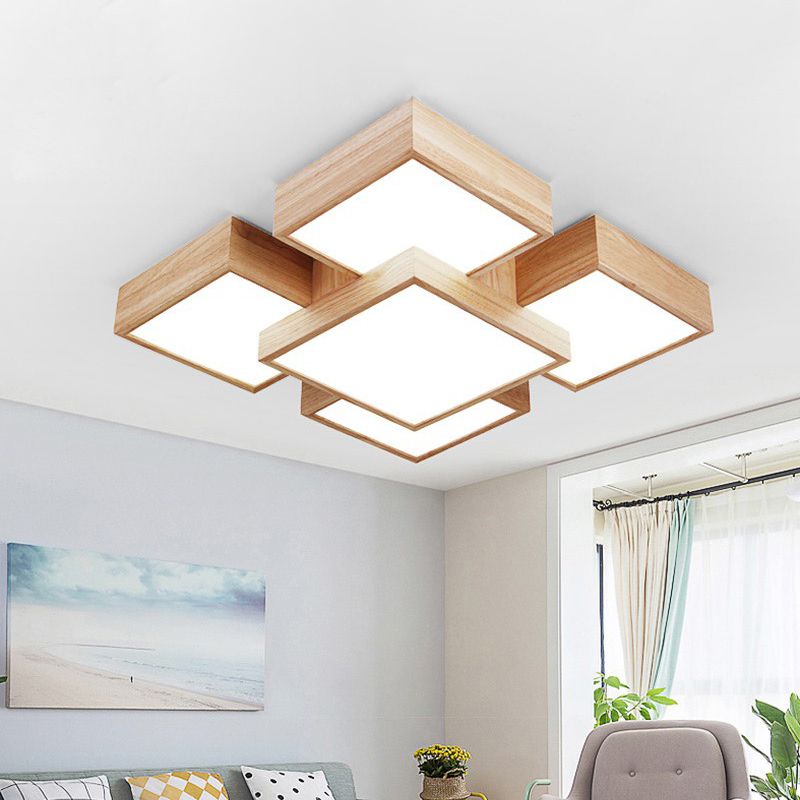 Beige vierkant/rechthoekblokspoellicht modern 22 "/31,5"/42 "brede LED houten plafond gemonteerde lamp