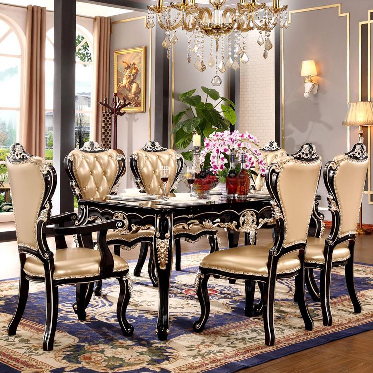 Marble Black Tone Dining Table Victorian 4 Legs Table for Dining Room