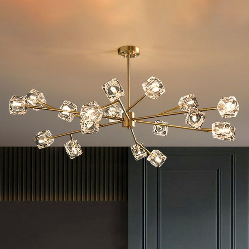 Post-Modern Branch Chandelier Lamp Clear Crystal Cube Living Room Suspension Light in Gold