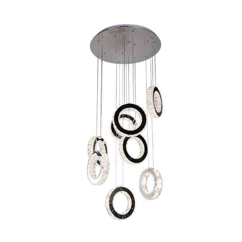 Ring Crystal Cluster Pendant Minimalist LED Black Down Lighting for Living Room