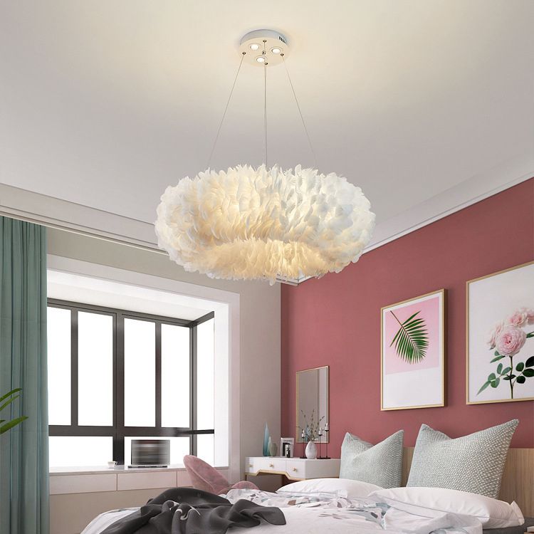 Modern Circular Chandelier Lights Feather Chandelier Light Fixture in White