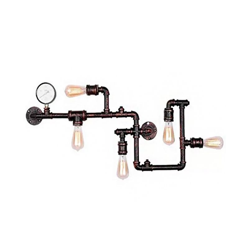 5 Bulbs Pipe System Wall Mount Lamp Industrial Antiqued Black/Brass/Rust Wall Light Kit with Decorative Gauge