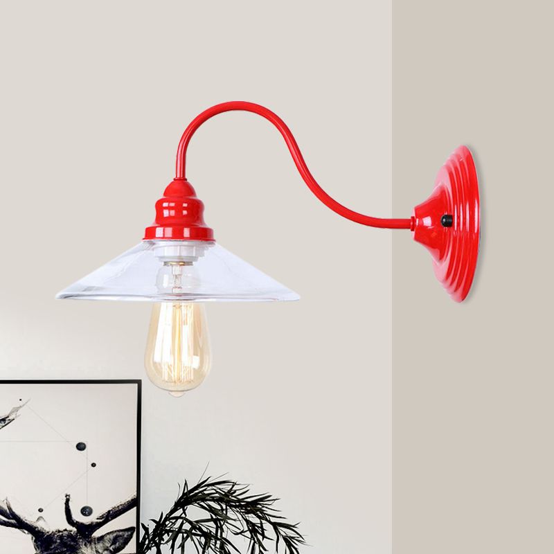 1 Bulb Wide Flare Wall Mounted Light Industrial Red Clear Glass Lighting with Curved Arm