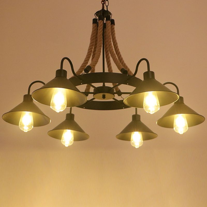 Circular Iron Ceiling Lighting Industrial Restaurant Chandelier Light Fixture with Hemp Rope in Black