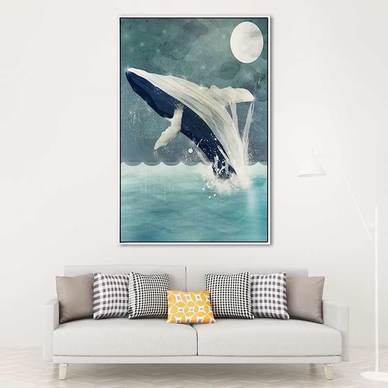 Kids Jumping Dolphin Wall Art Boy Bedroom Canvas Print in Green (Multiple Size Options)