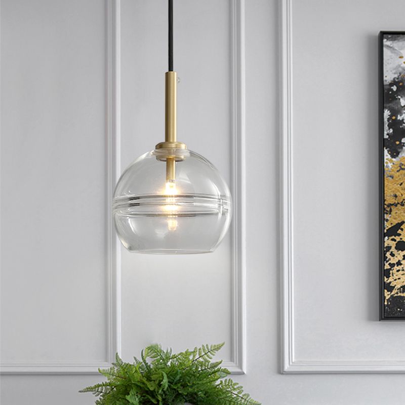 1 Lichte woonkamer hanger modernistische koperen hangende lampkit met bol helder/rookgrijs ruche glazen schaduw