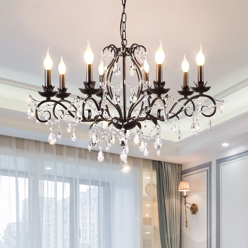 Contemporary Metal Curved Arm Hanging Chandelier Light Black Candle Bedroom Suspension Light with Crystal