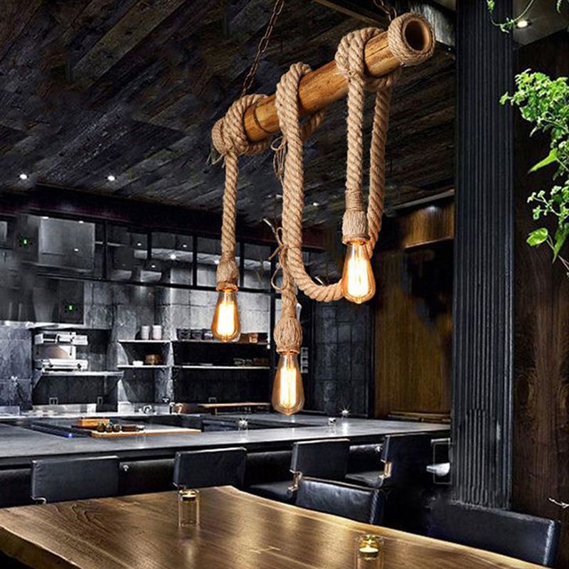 Bamboo 3 / 6 - Light Island Light Industrial Ceiling Pendant with Hemp Rope