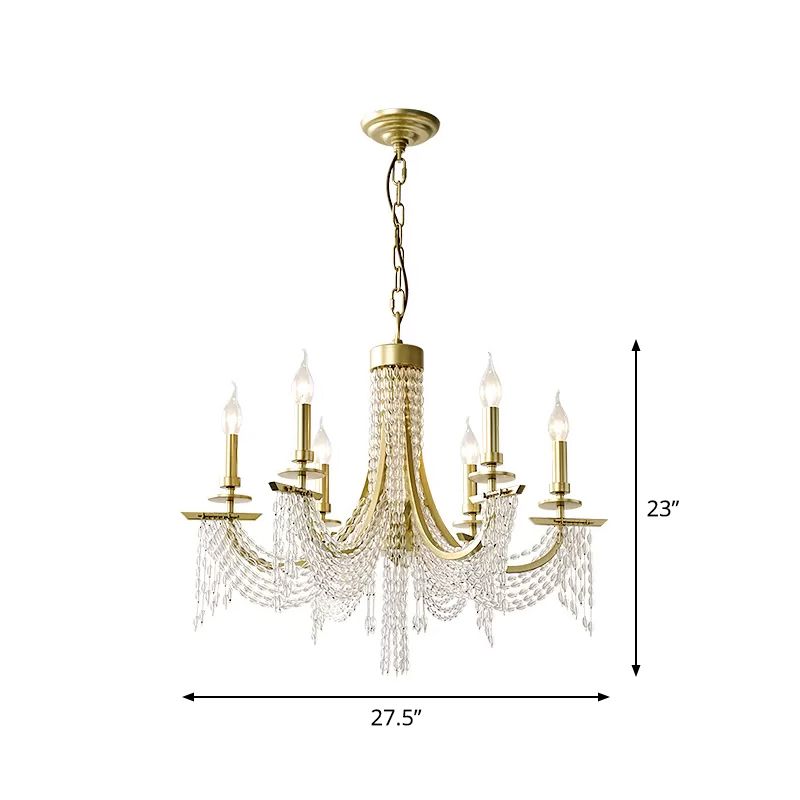 Baroque Candle Chandelier 6-Bulb Metal Suspension Lighting with Crystal Chain in Gold