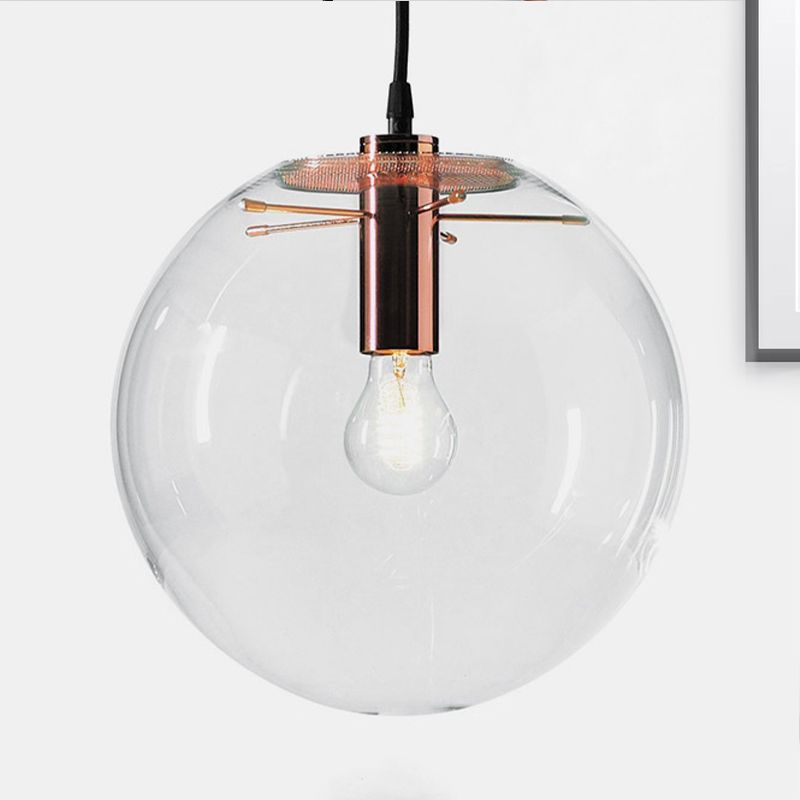 Round Pendant Light Modern 1-Light 6"/8"/12" Wide Clear Glass Hanging Lamp in Rose Gold