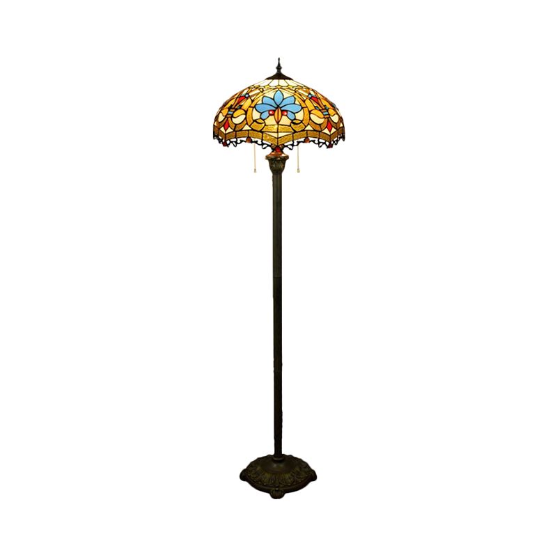 Lámpara de vidrio de cúpula de cúpula chirriante Tiffany 2 luces acabado de latón iluminación del piso de pie con cadena de extracción