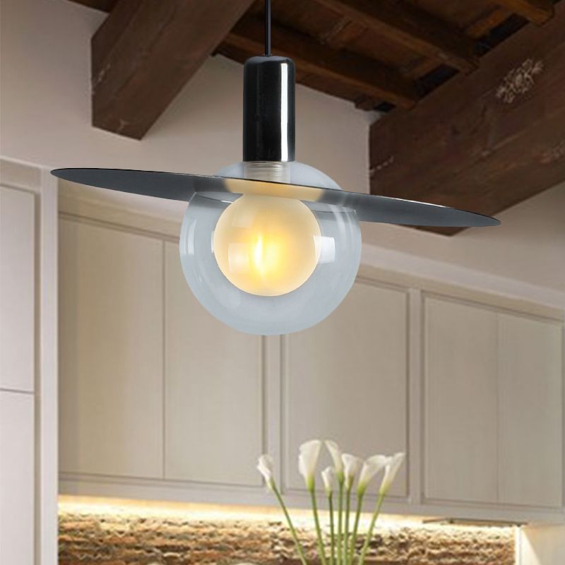 Globe Pendante en verre transparent LED contemporain Black Hanging Lightture avec disque d'anneau