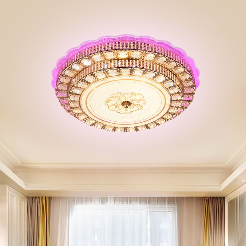 Modernist Tiered Ceiling Flush Beveled Crystal Living Room LED Flush Mount Fixture in Gold with Flower Pattern