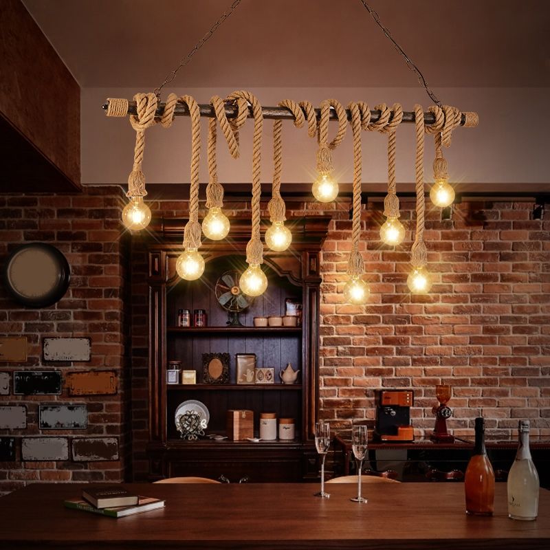 Exposed Bulb Pendant Lighting Farmhouse Wood Hemp Rope Island Light for Restaurant