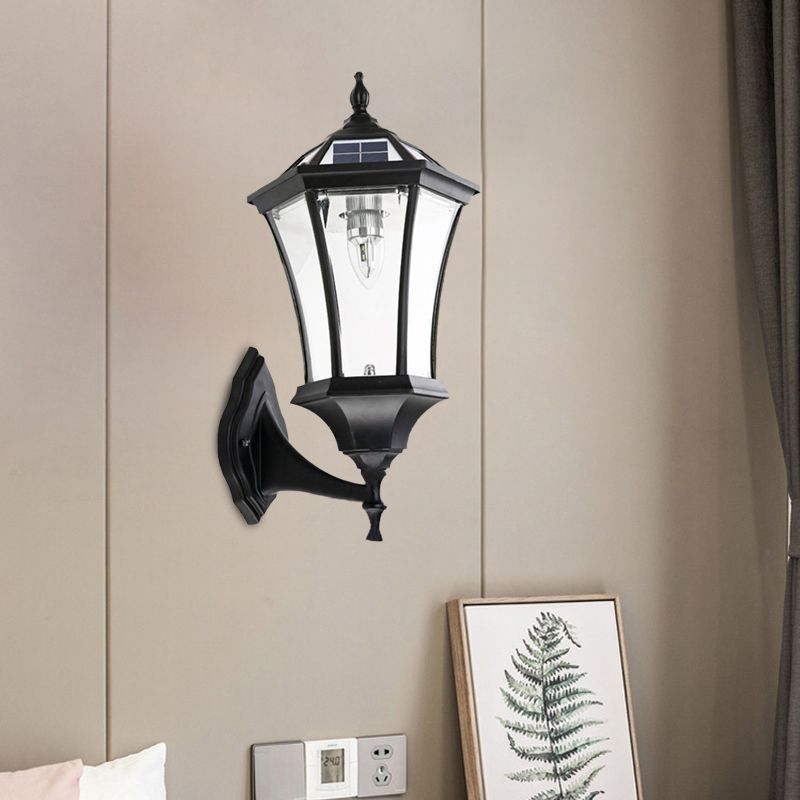 Zeshoekige gang muurverlichting boerderij helder glas 1 lamp zwarte zonne -energie wandlamp
