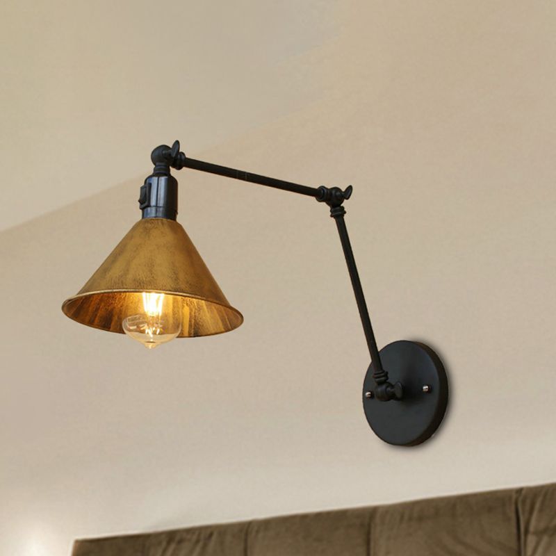 Swing Arm Bedroom Sconce Light Vintage Style Metallic 1 Head Aged Brass Wall Lamp with Cone Shade
