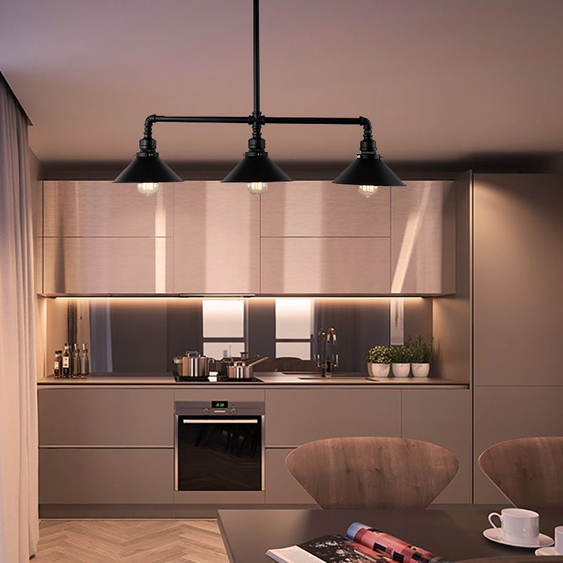 Black Conical Island Lighting Farmhouse Style 3 Bulbs Metallic Island Ceiling Light for Dining Room