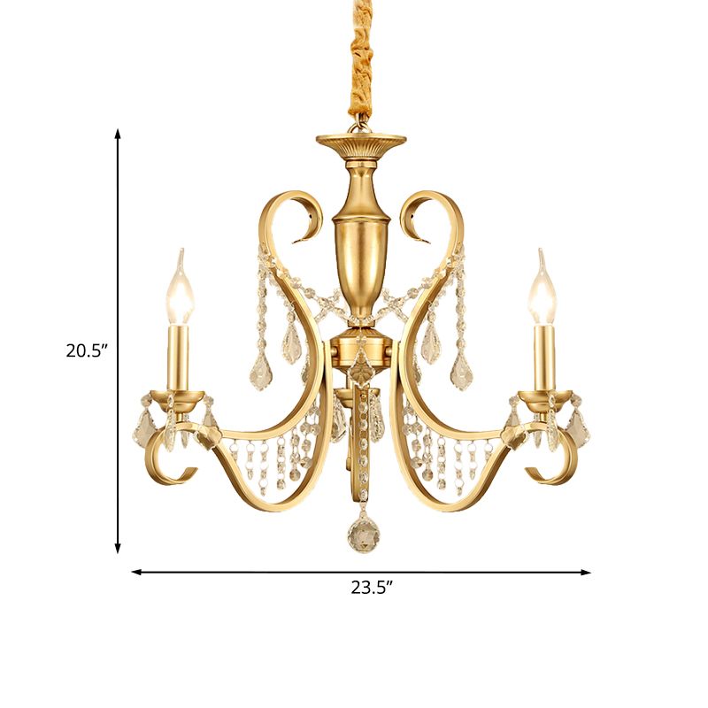 Gold 3-Light Ceiling Chandelier Countryside Metal Candelabra Pendant Lighting with Crystal Accent