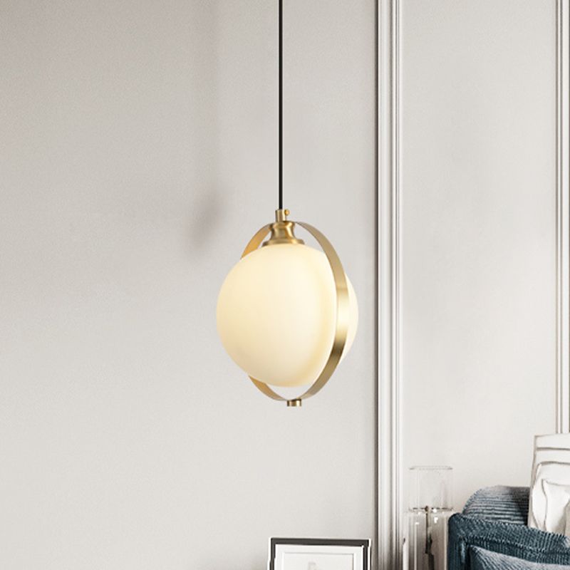 Global Suspended Pendant Light Simple White Frosted Glass 1 Bulb Bedside Hanging Ceiling Lamp with Brass Ring