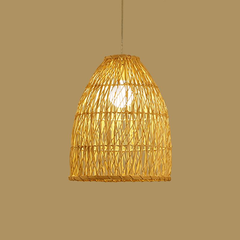 Asia Bell Shade Pendant Lighting Fixture Bamboo 16"/19.5"/23.5" Wide 1 Light Dining Room Suspension Lighting in Beige