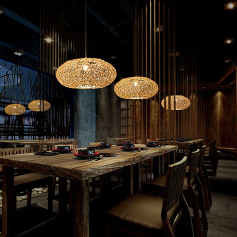 1 Light Rounded Drum Hanging Ceiling Lights Chinese Rattan Suspension Pendant Light for Restaurant