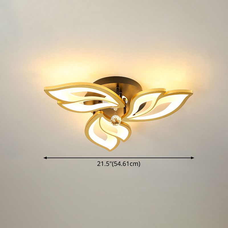 Gold Finish Flower Ceiling Lighting Contemporary LED Metal Semi Flush Mount with Crystal Ball