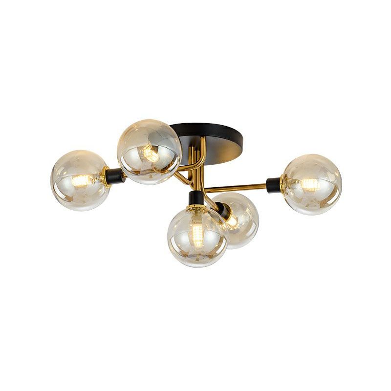 Ball Shaped Bedroom Ceiling Lamp Glass 5-Light Contemporary Semi-Flush Mount Light in Black-Brass