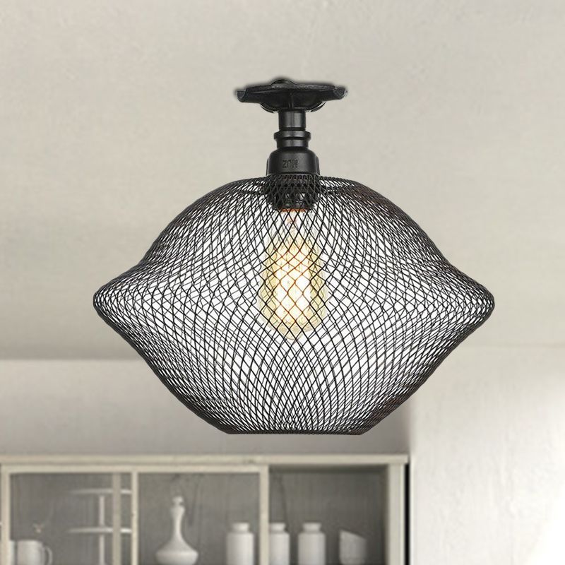 1 Bulb Saucer/Barrel Semi Flush Light Industrial Stylish Black Finish Metal Ceiling Mounted Light with Mesh Screen