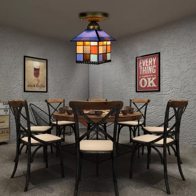 1 Head House Flush Verlichting Rustiek Lodge Style Glas Flush Mount Lamp in Black/Blue/Brass/Clear/Blue-Clear voor Foyer
