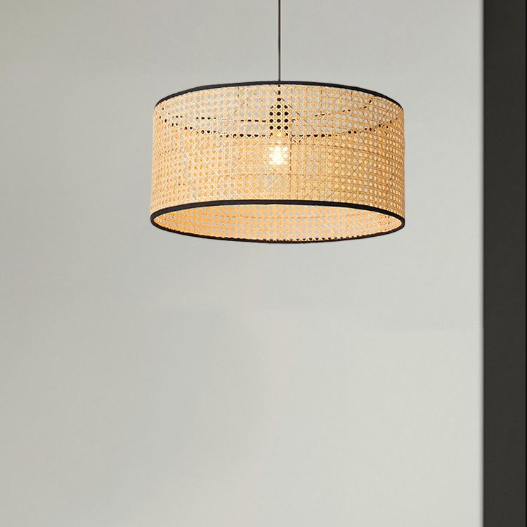 Drum Rattan Schatten Anhänger Hanging Lamp Asia Style 1 Licht hängende Deckenleuchte im Beige für Wohnzimmer