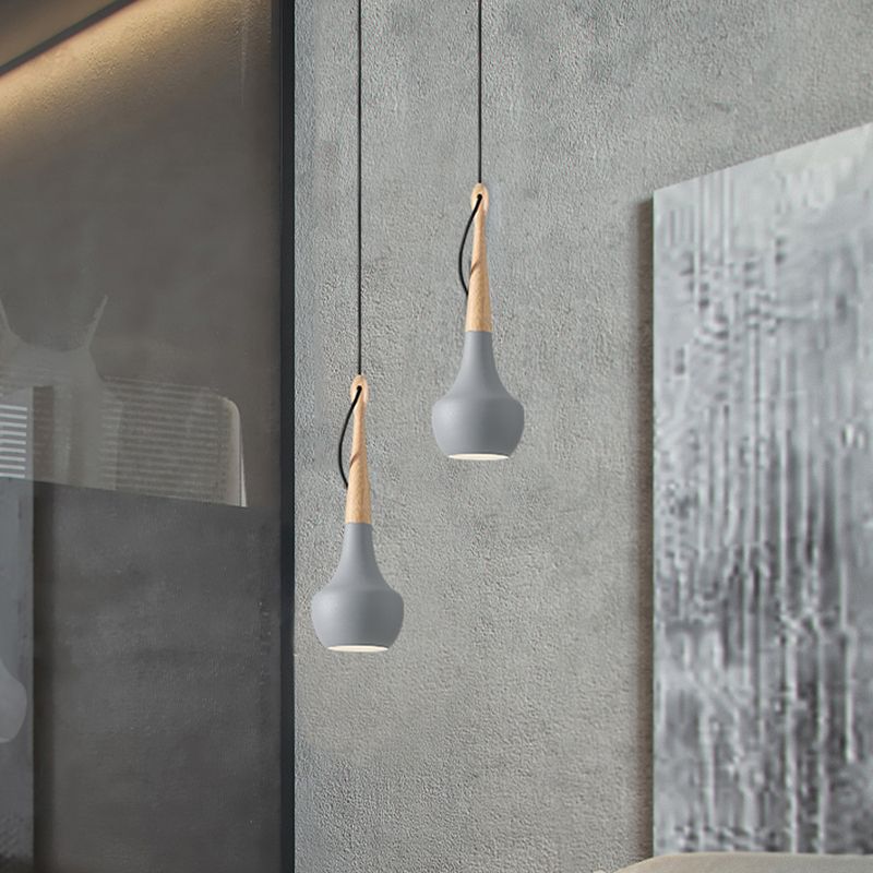 1 Light Bedside Pendant Light Contemporary Grey Down Lighting with Gourd Metal Shade