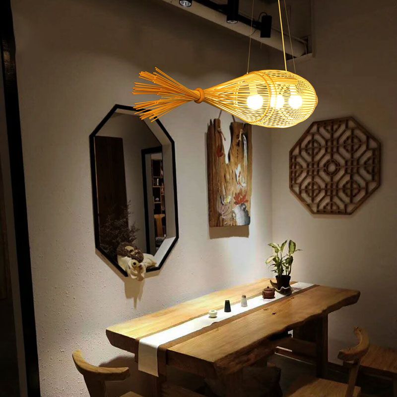 Suspension tissage de 12 "/ 16" de large pendentif rétro bambou 1 bulbe en bois suspendu luminaire