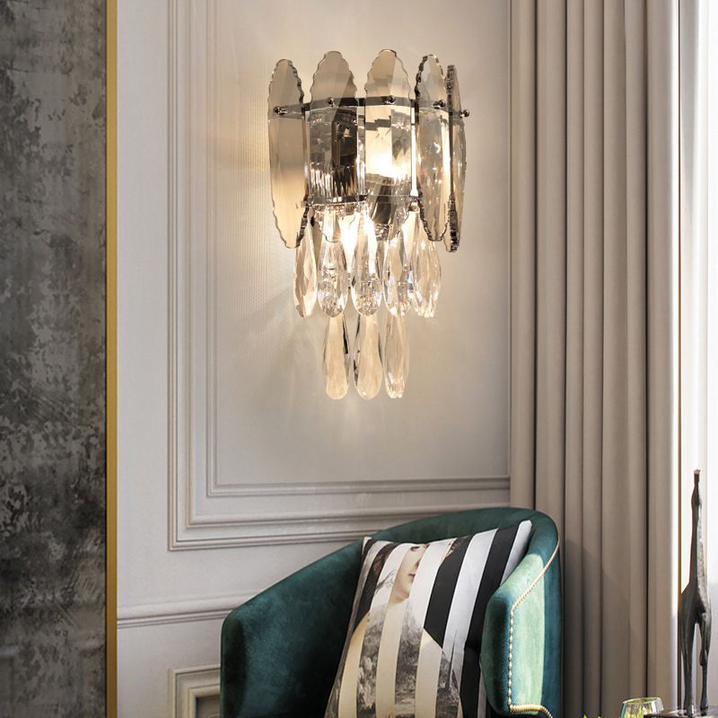 Gray Crystal Wall Sconce in Modern Luxury Style Electroplate Iron Stagger Wall Lamp for Bedroom
