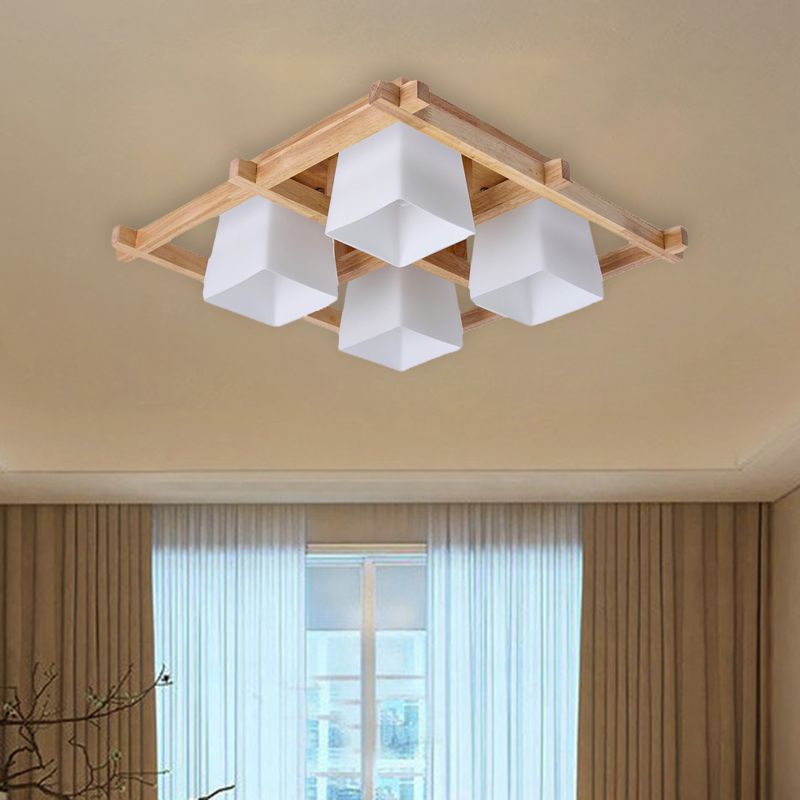 Weißes Glas Trapezoid Flush Licht Japanische 4/6-Birne Deckenbefestigung mit Holzgitter-Rahmen