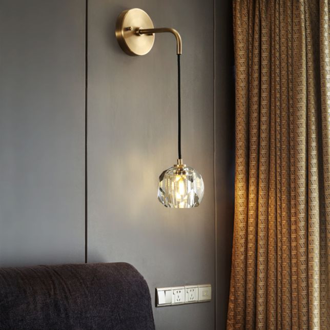 Gold Hanging Wall Sconce in Modern Luxury Style Copper Globe Wall Light with Crystal Shade