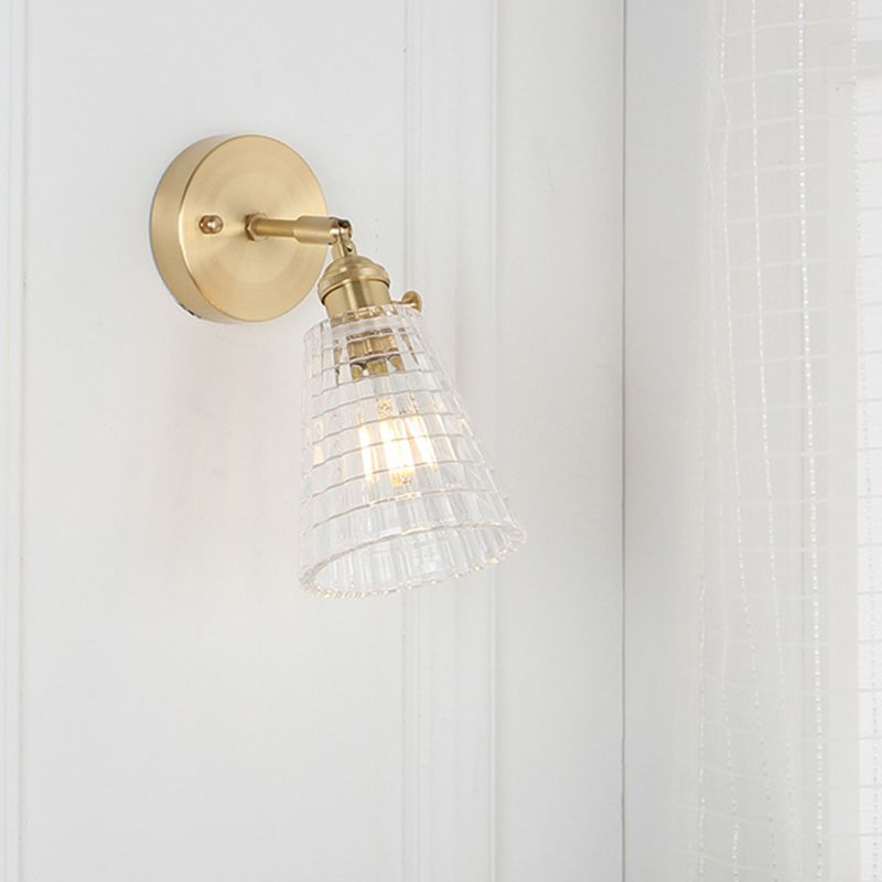 Conical Rotating Wall Light Kit Postmodern Clear Ribbed/Grid Glass 1 Light Gold Wall Mounted Lamp