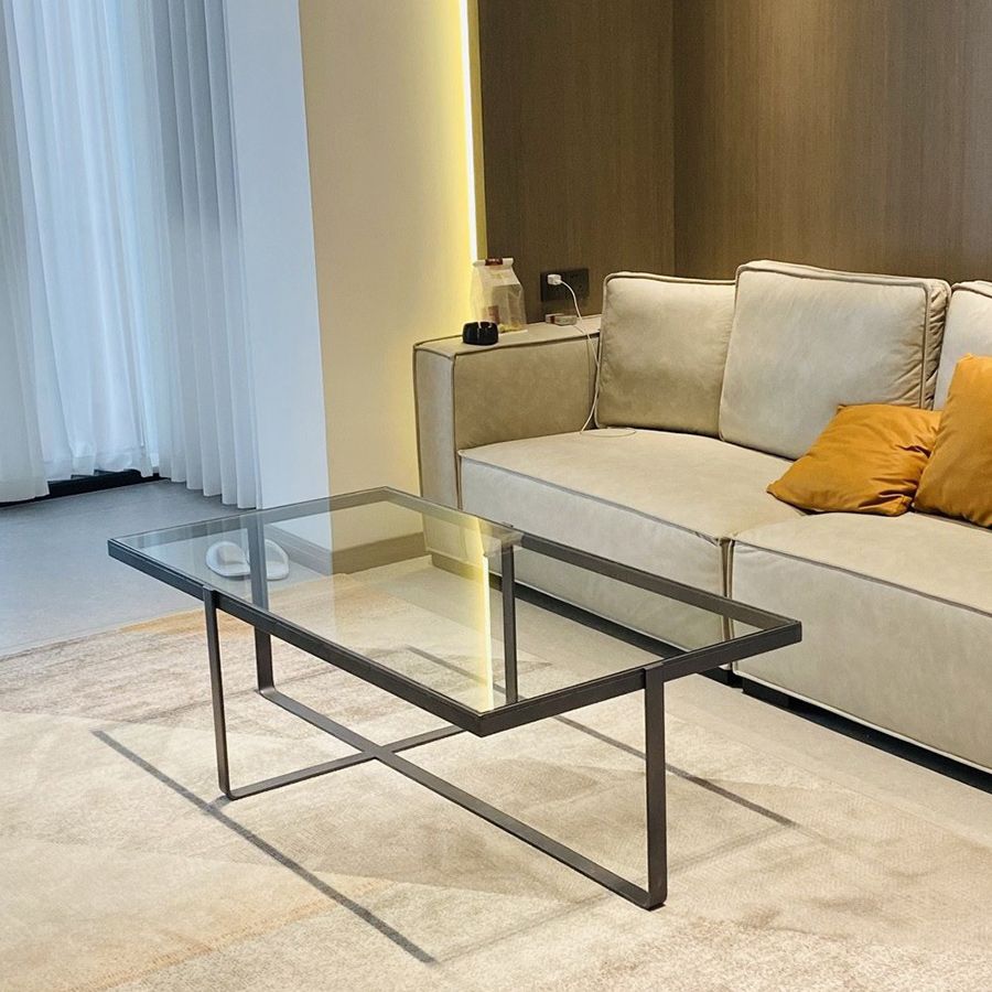 Contemporary Rectangle Glass Top Cocktail Table with Cross Base