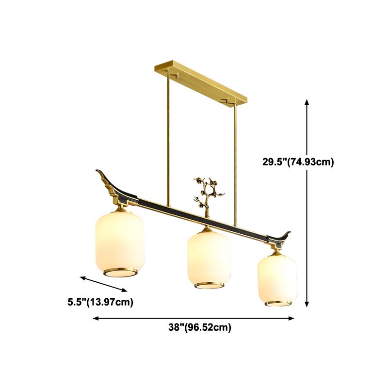 Modern Style Cylindrical Shape Island Lights White Glass 3-light Pendant Lights in Gold