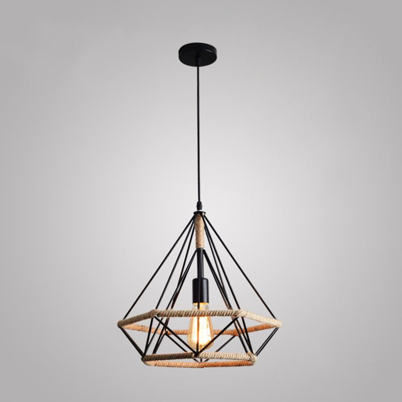 Black Rope Geometric Cage Ceiling Light Industrial Loft Hanging Light for Dining Room