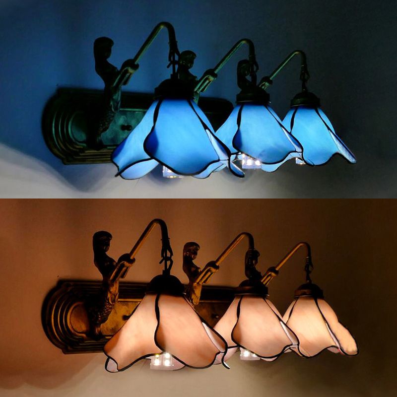 Tiffany Flower Wall Mount Light Fixture 3 Heads Pink/Blue Glass Sconce Lighting with Mermaid Decoration